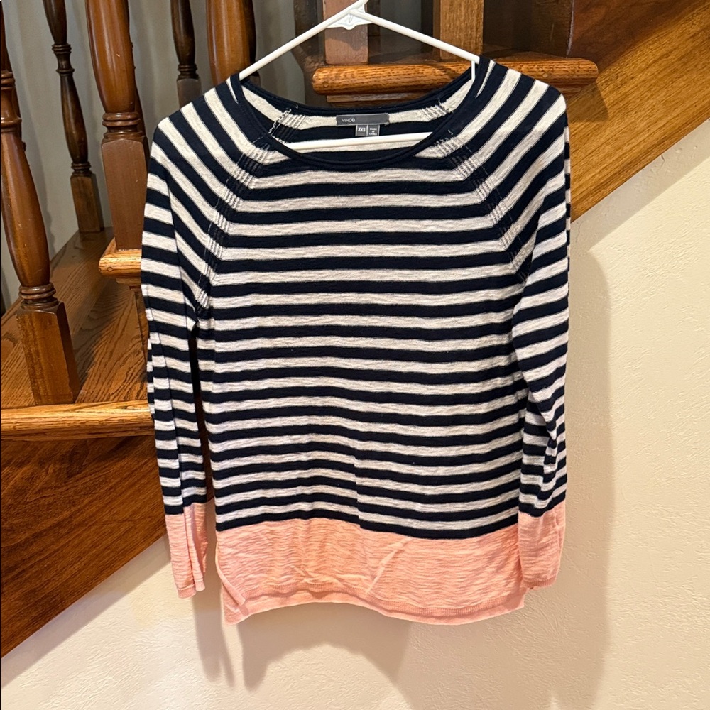 Vince Striped Crew Neck Sweater - Black, White, and Pink